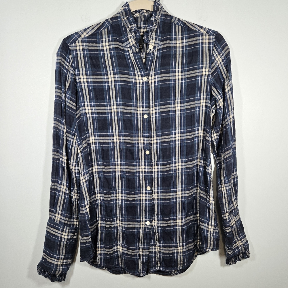 Nili Lotan Blue Plaid Ruffle Collar Long Sleeve Button Down Shirt Women's XS